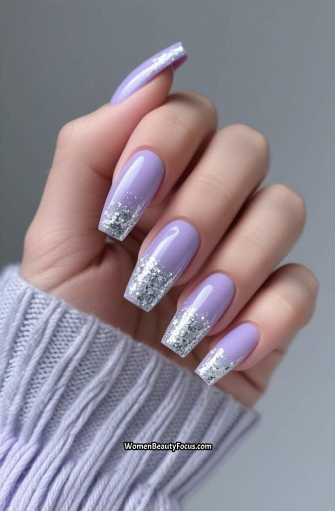 18. Soft Lavender Coffin Nails with Micro Glitter