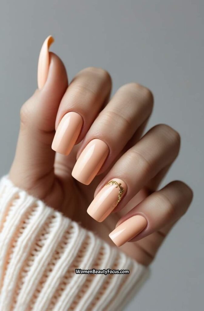 18. Soft Peach Nails with Delicate Gold Detailing