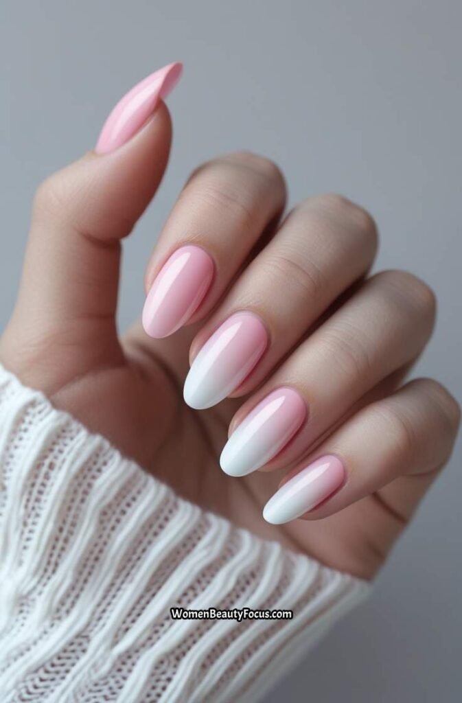 18. Soft Pink and White Ombre Nails