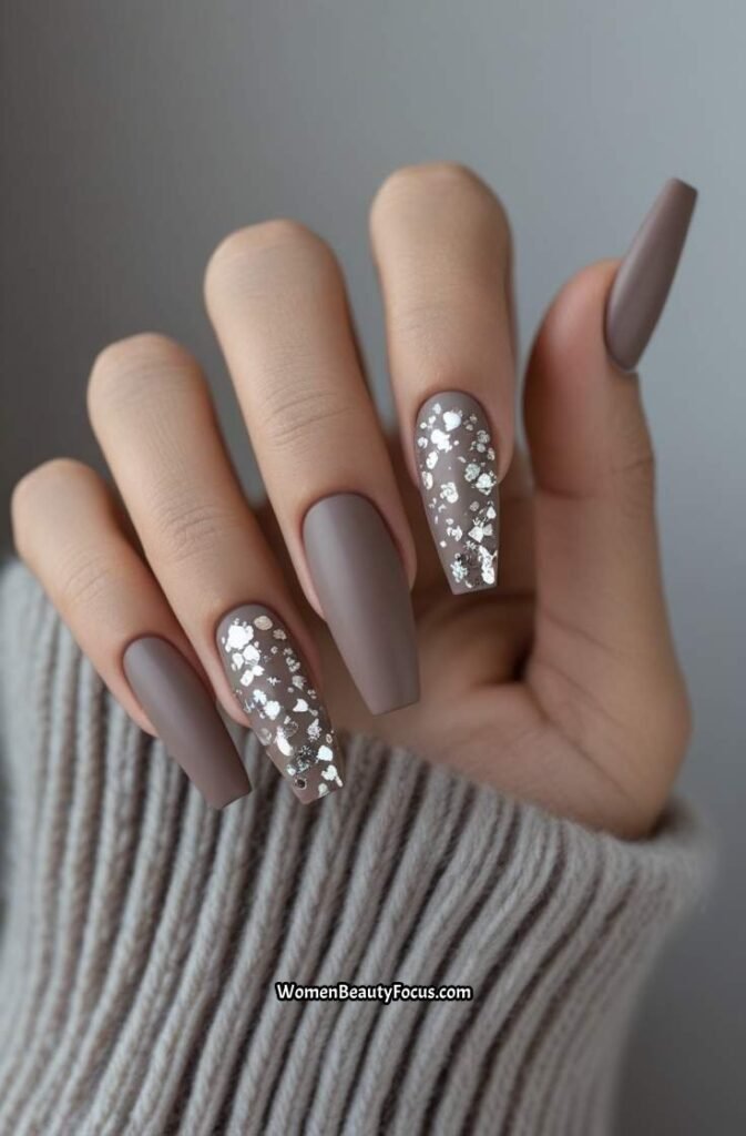 18. Soft Taupe Coffin Nails with Silver Foil Accents