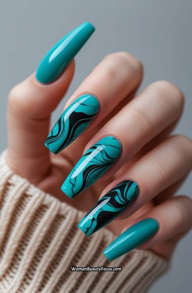 18. Teal Blue with Black Marble Swirls