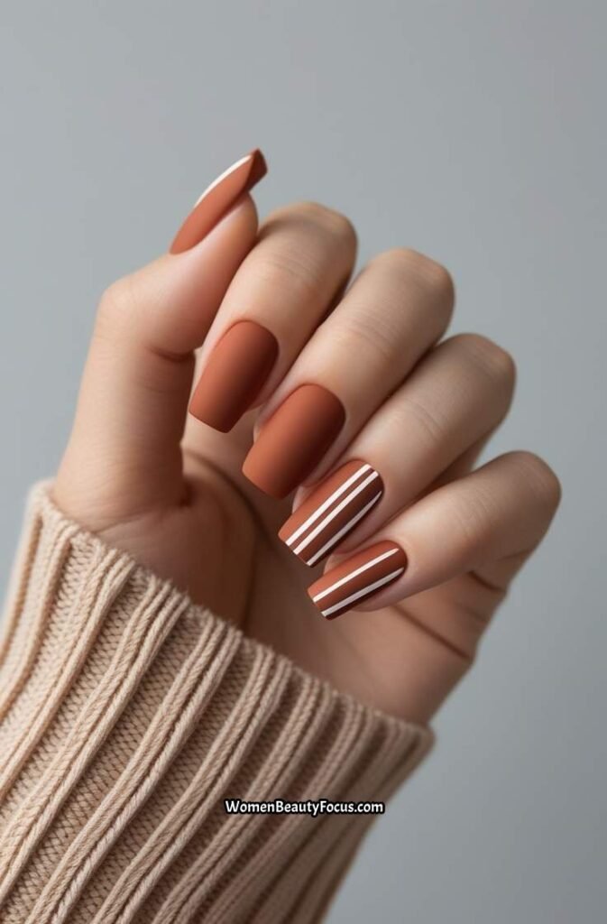 18. Terracotta Square Nails with White Geometric Lines