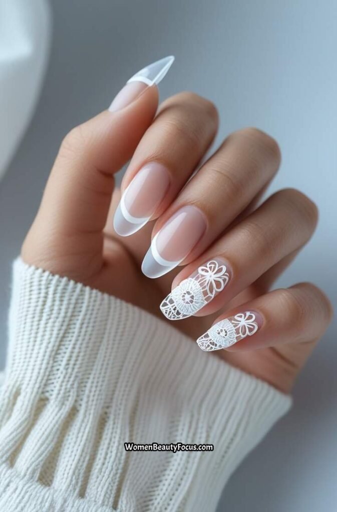 18. Transparent French Tip Nails with White Lace Design