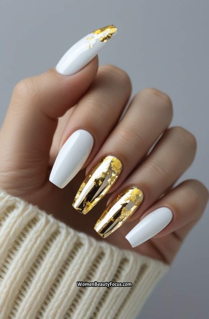 18. White Nails with Gold Foil