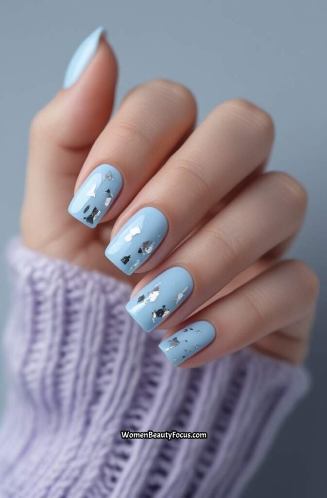 19. Baby Blue Nails with Silver Foil