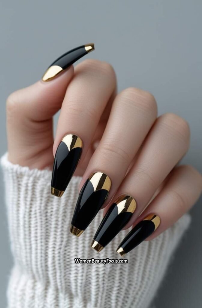 19. Black French Tips with Metallic Hues