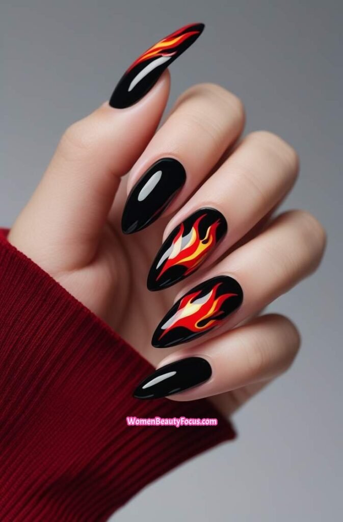 19. Black Nails with Red Flame Tips