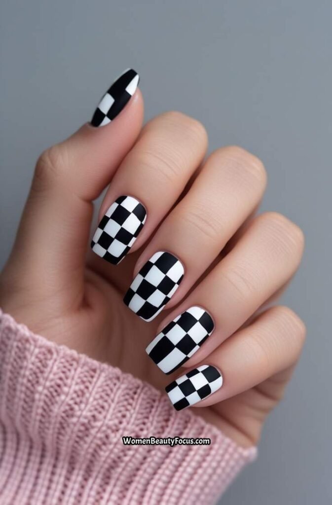 19. Black and White Checkerboard Nails