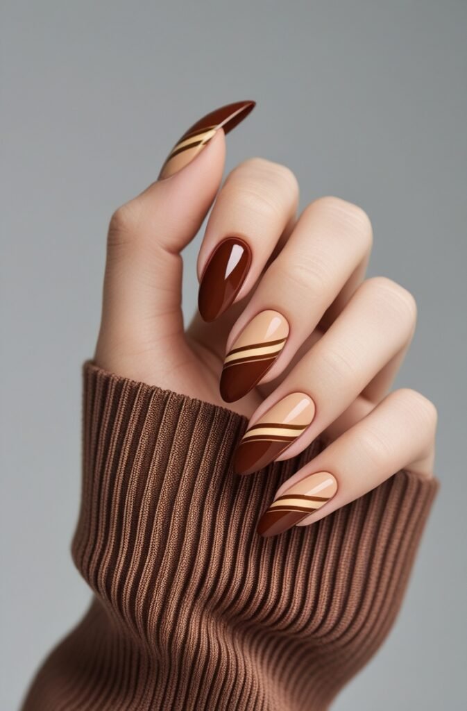 19. Cherry Brown Nails with Diagonal Stripes
