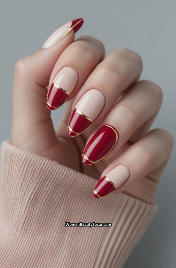 19. Cherry Red Tips with Gold Line Detail
