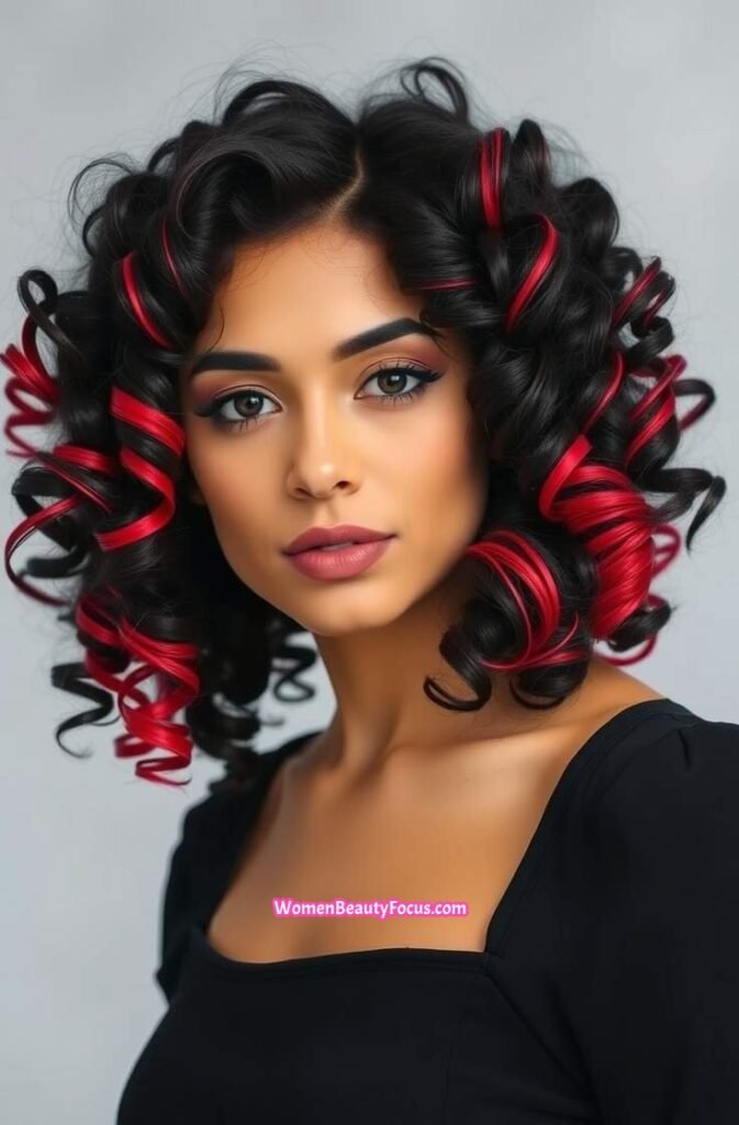 19. Curled Black Hair with Red Tips FrontStraight View