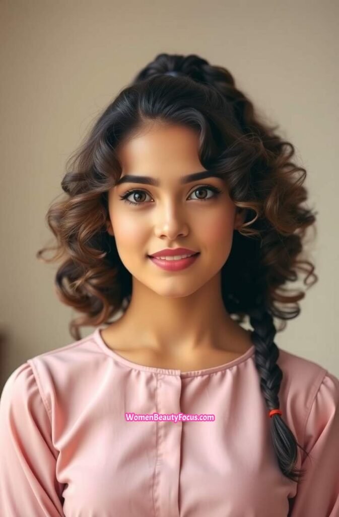 19. Curly Ponytail with Double Side Braids Front View