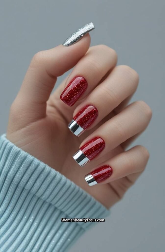 19. Glittery Red Square Nails with Silver Accent