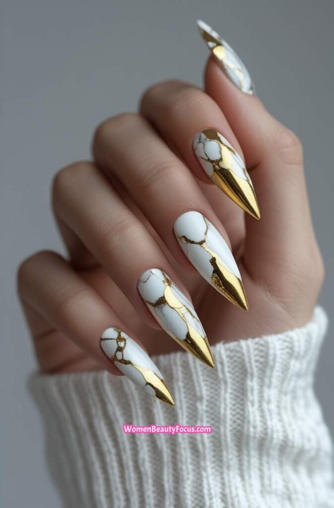 19. Gold and White Marble Stiletto Nails 18 IMGCentury