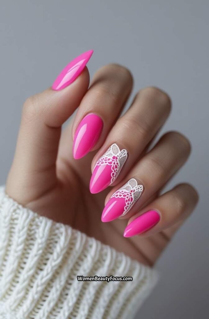 19. Hot Pink Nails with White Lace Detailing