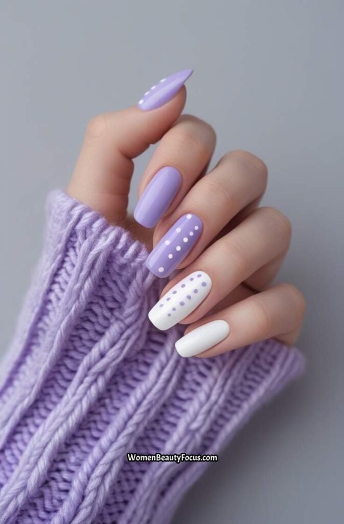19. Lavender and White Nails with Dot Details