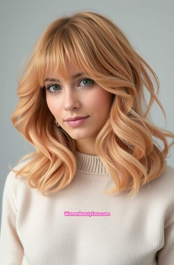 19. Layered Peach Waves with Fringe Bangs FrontStraight View