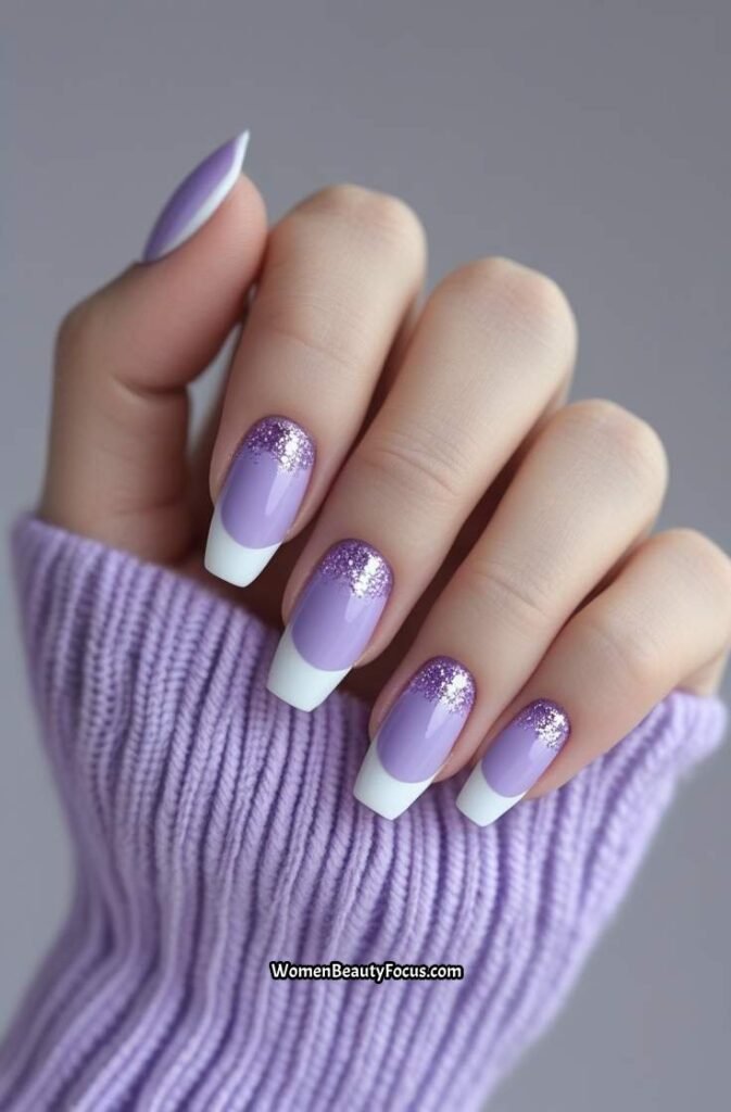 19. Light Lavender French Tip Nails with Glitter Accent