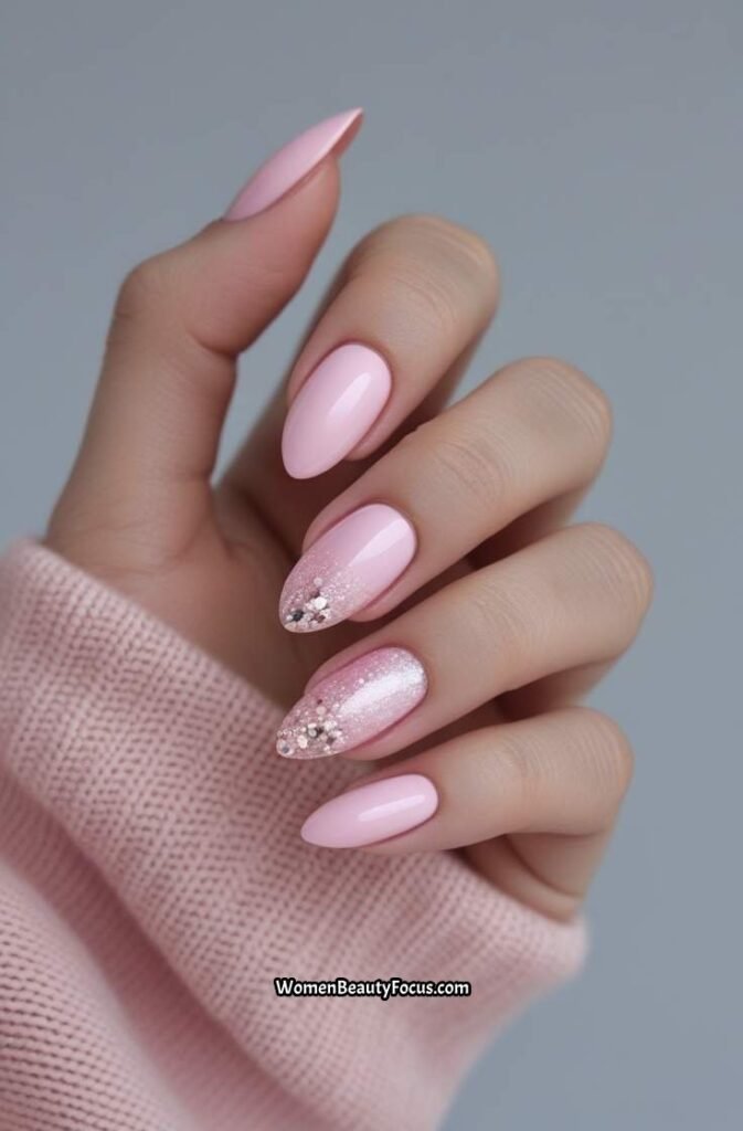 19. Light Pink Almond Nails with Glitter Gradient