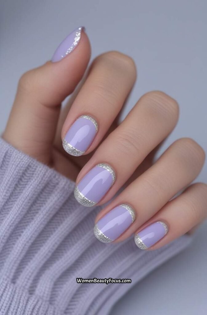 19. Lilac Pastel Nails with Silver Glitter Cuticles