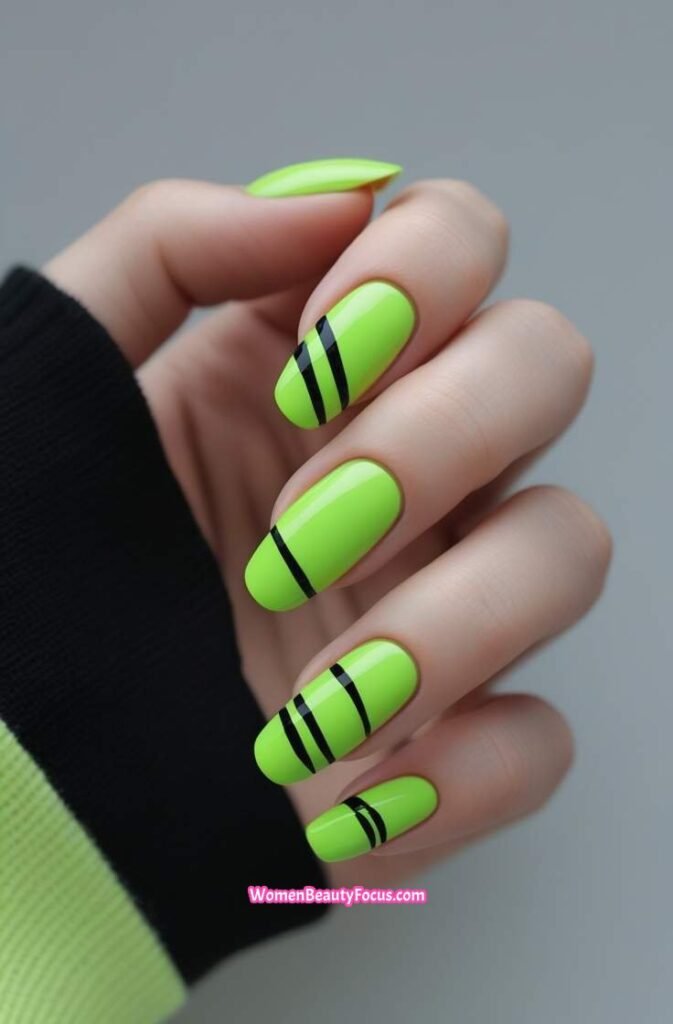 19. Lime Green Nails with Black Line Art
