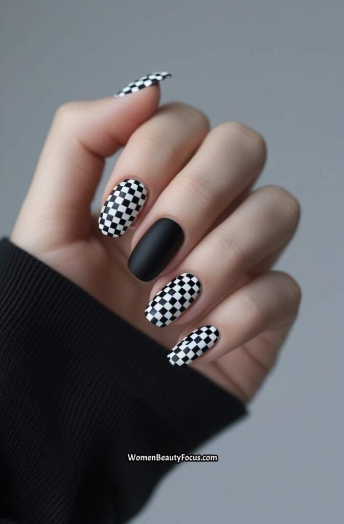 19. Matte Black and White Checkerboard Nails