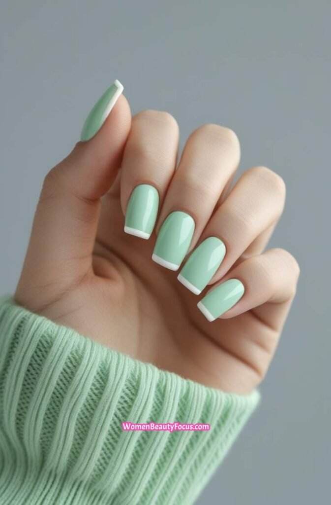 19. Mint Green Square Nails with White Tips