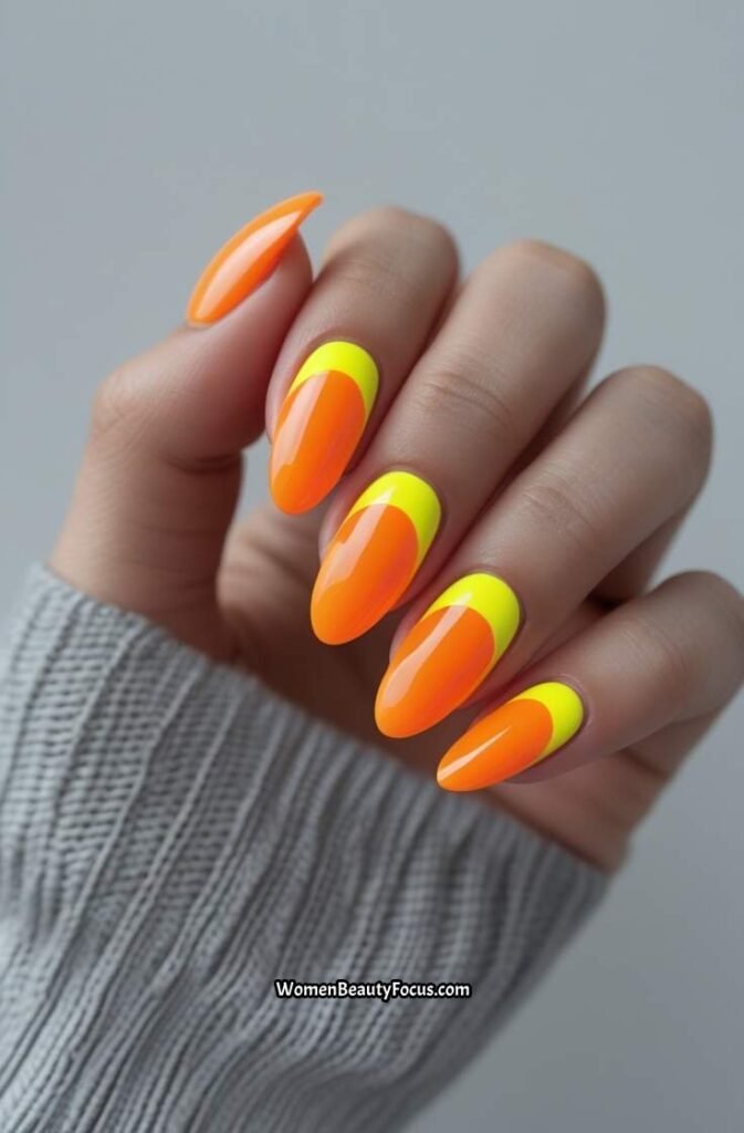 19. Neon Orange and Yellow Half Moon Nails