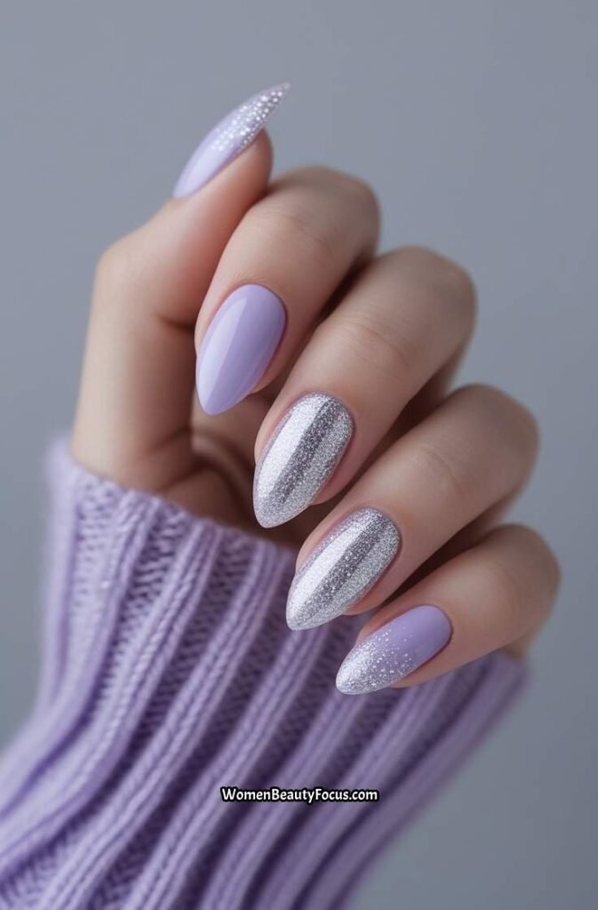 19. Pale Lavender Nails with Silver Glitter Gradient