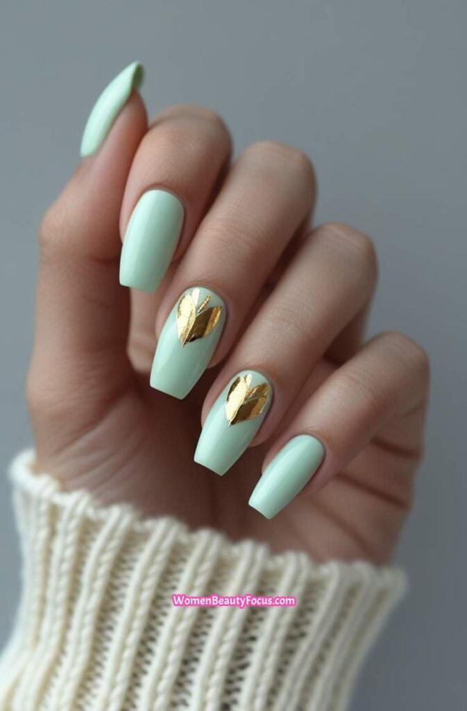 19. Pale Mint Nails with Subtle Gold Leaf