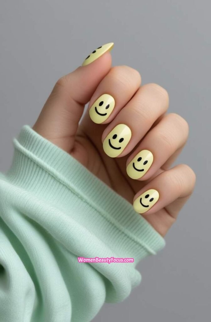 19. Pale Yellow Nails with Smiley Face Accents