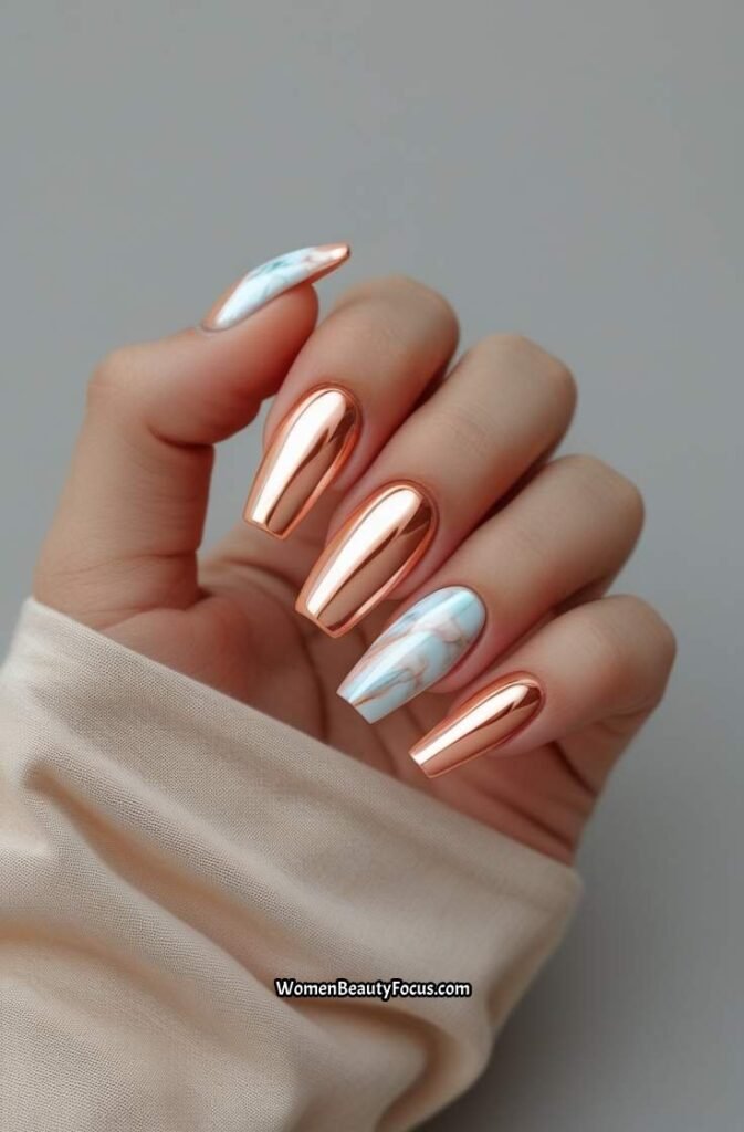 19. Peach Chrome Nails with Subtle Marble 1