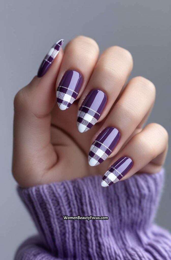 19. Purple Plaid Nails with Shiny Topcoat