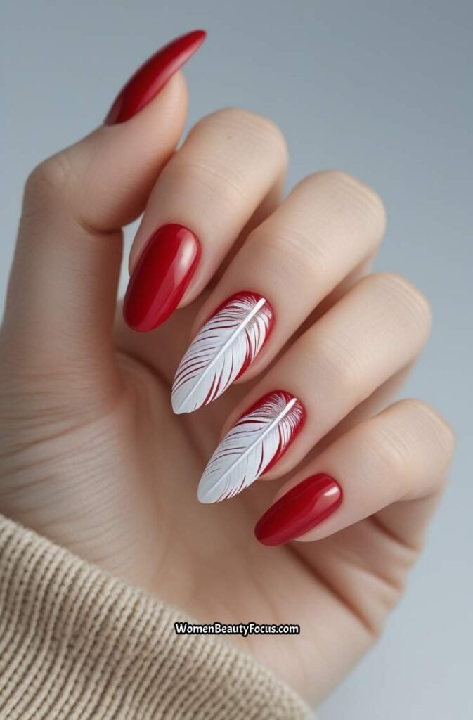 19. Red Nails with White Feather Details