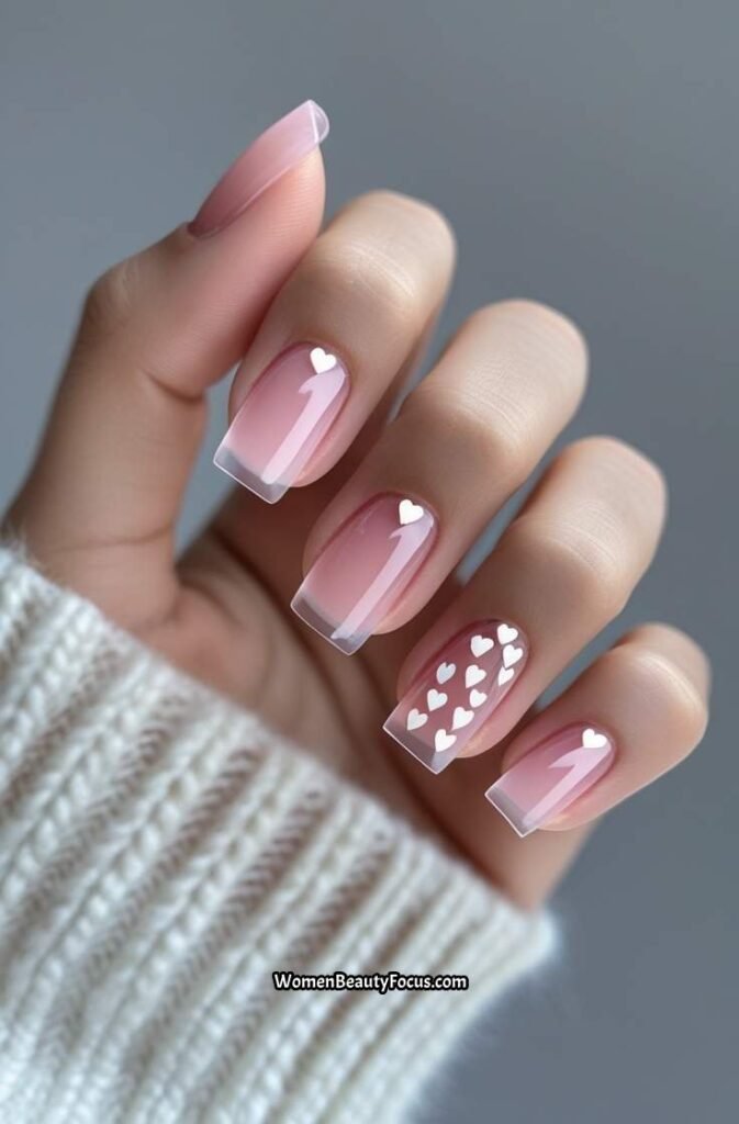 19. Sheer Pink Square Nails with White Heart Accents