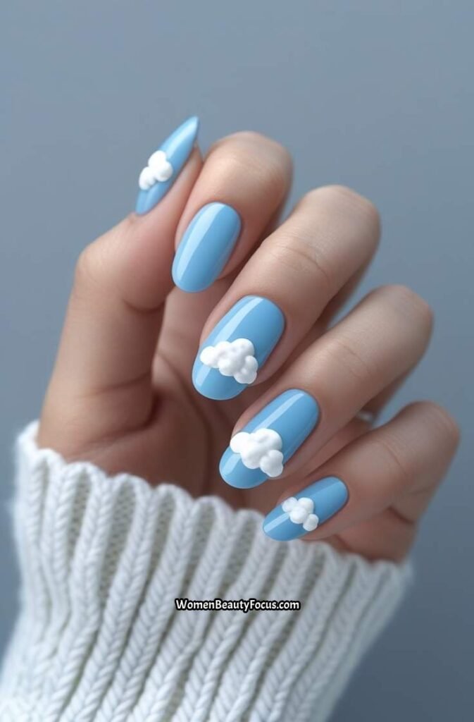 19. Short Acrylic Nails with Sky Blue and Cloud Art