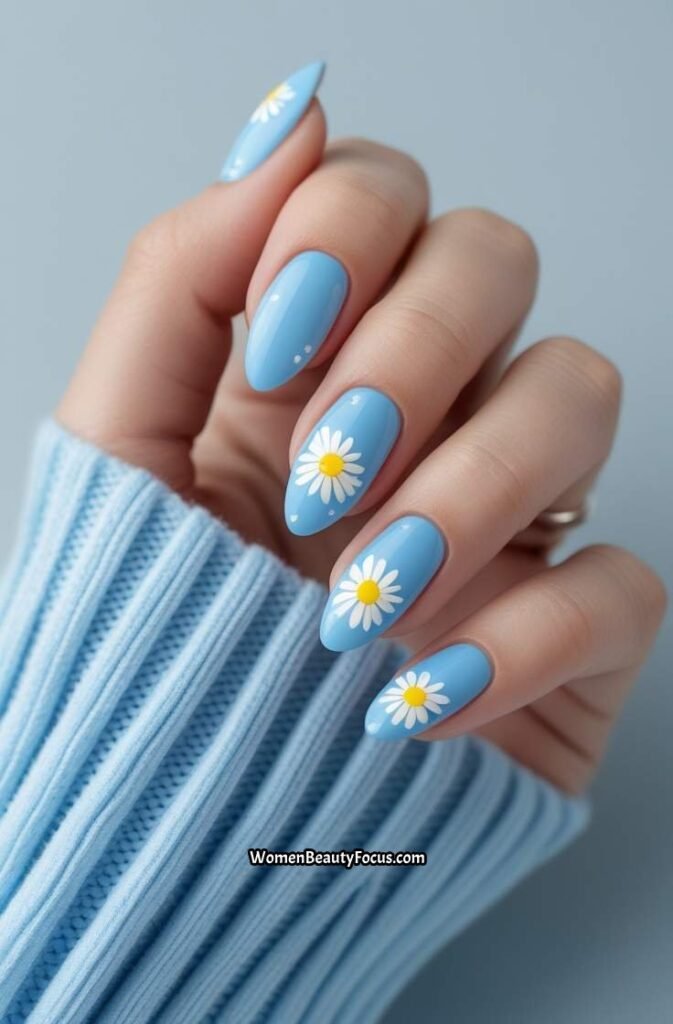 19. Sky Blue Glossy Nails with White Daisies