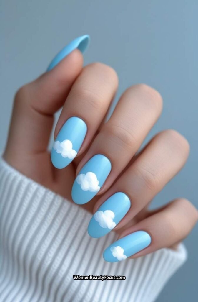 19. Sky Blue Nails with Tiny White Clouds