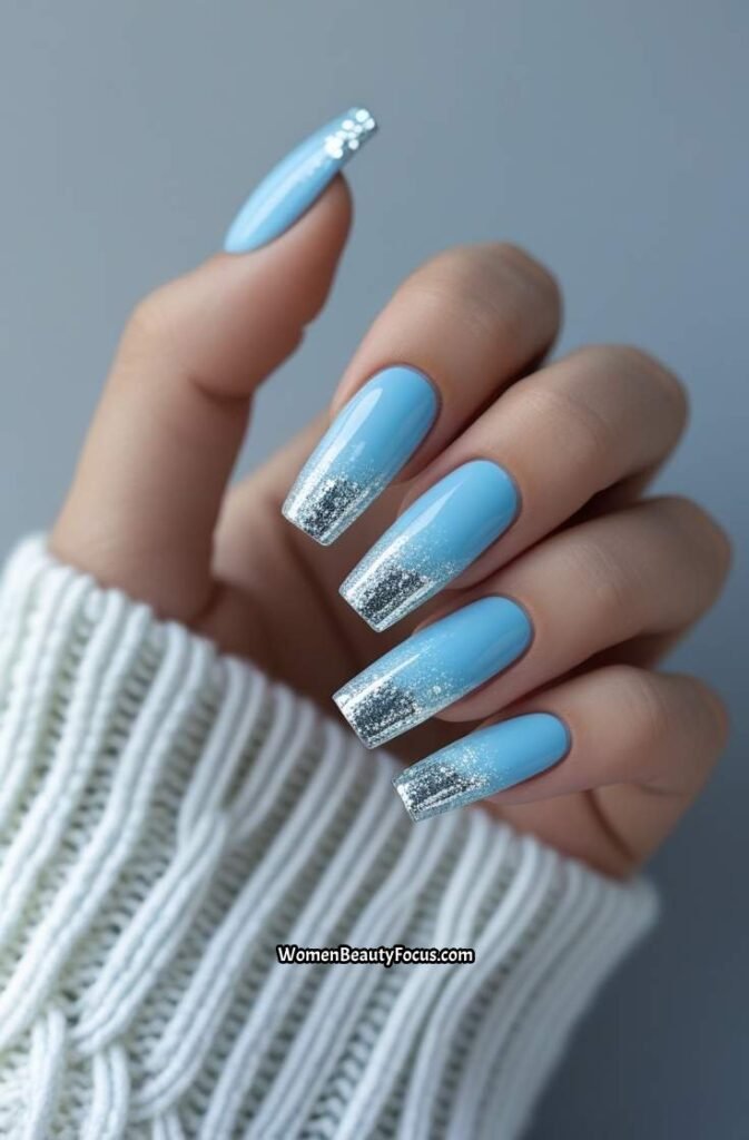 19. Sky Blue Silver Glitter Tips