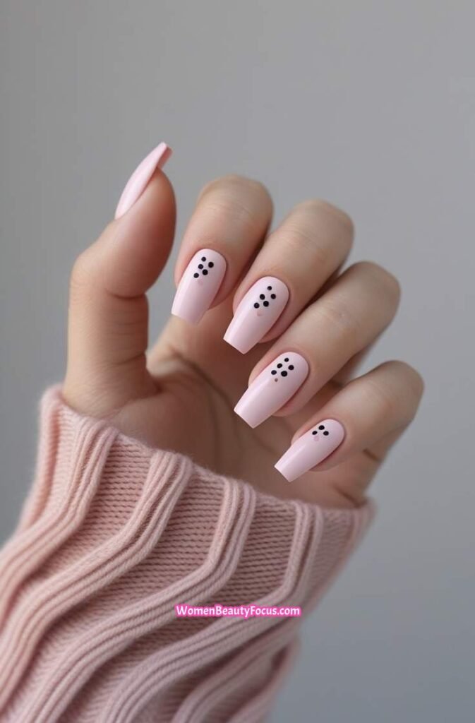 19. Soft Pink Nails with Minimalist Black Dots