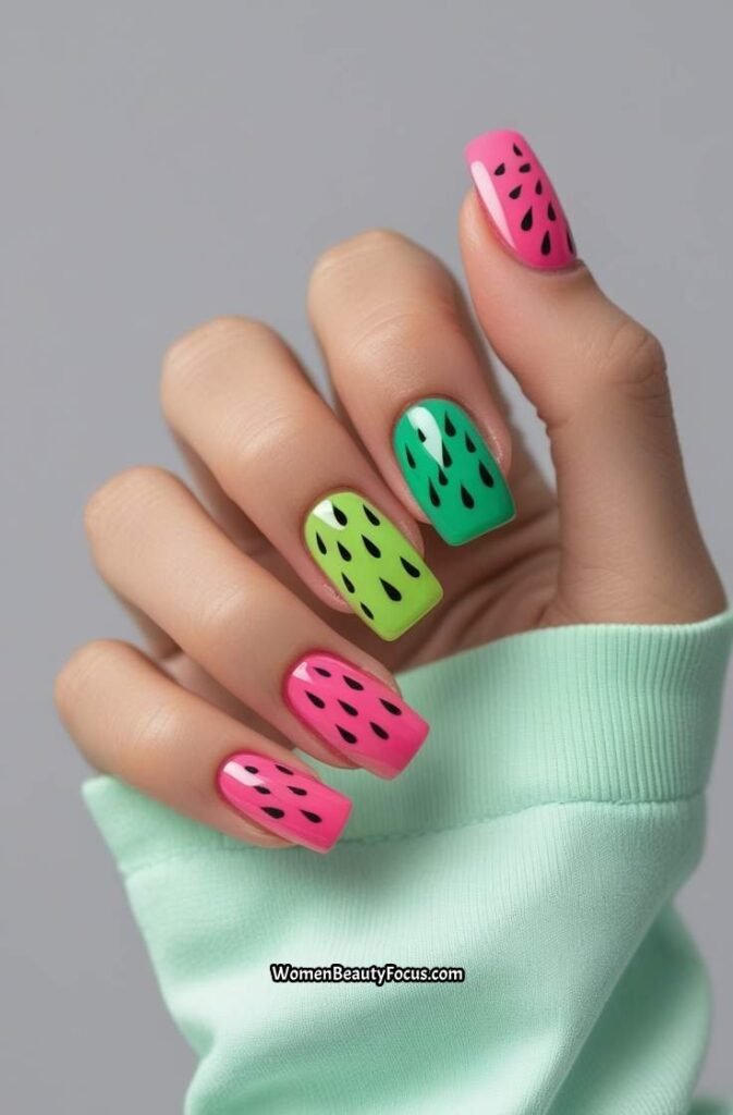 19. Watermelon Inspired Square Nails with Green and Pink 1
