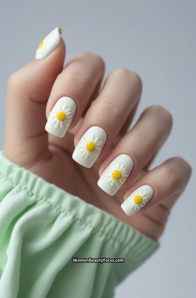 19. White Daisy Summer Nails