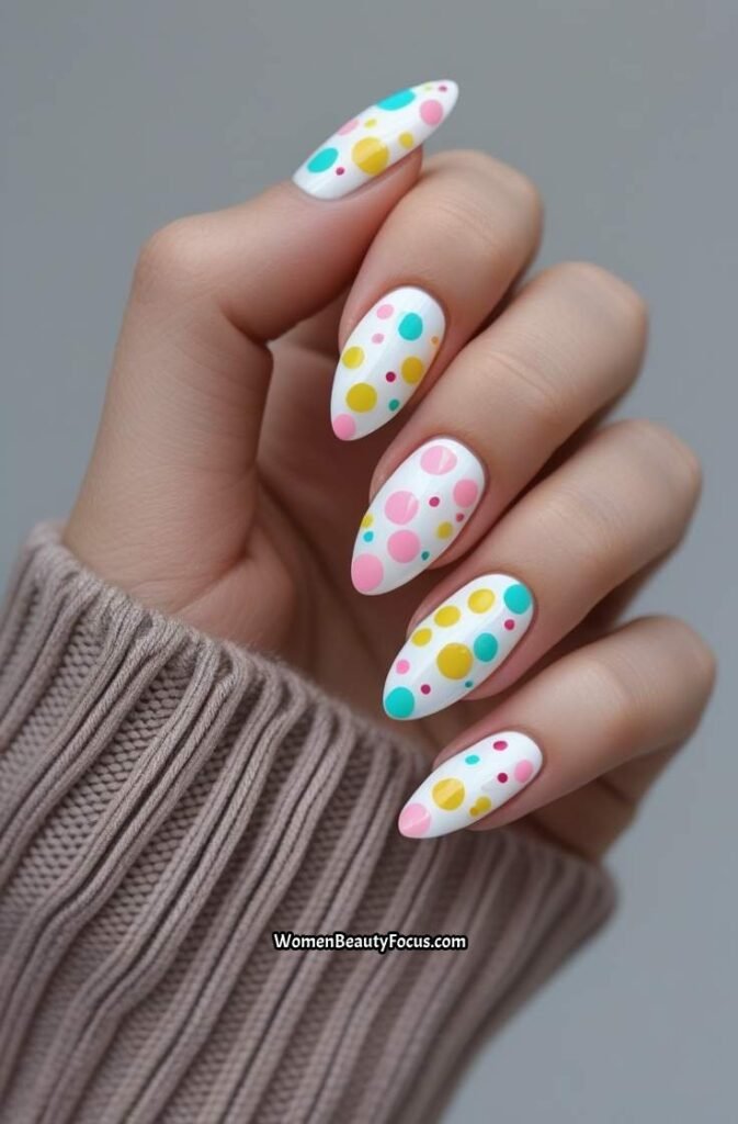 19. White Nails with Multicolored Confetti