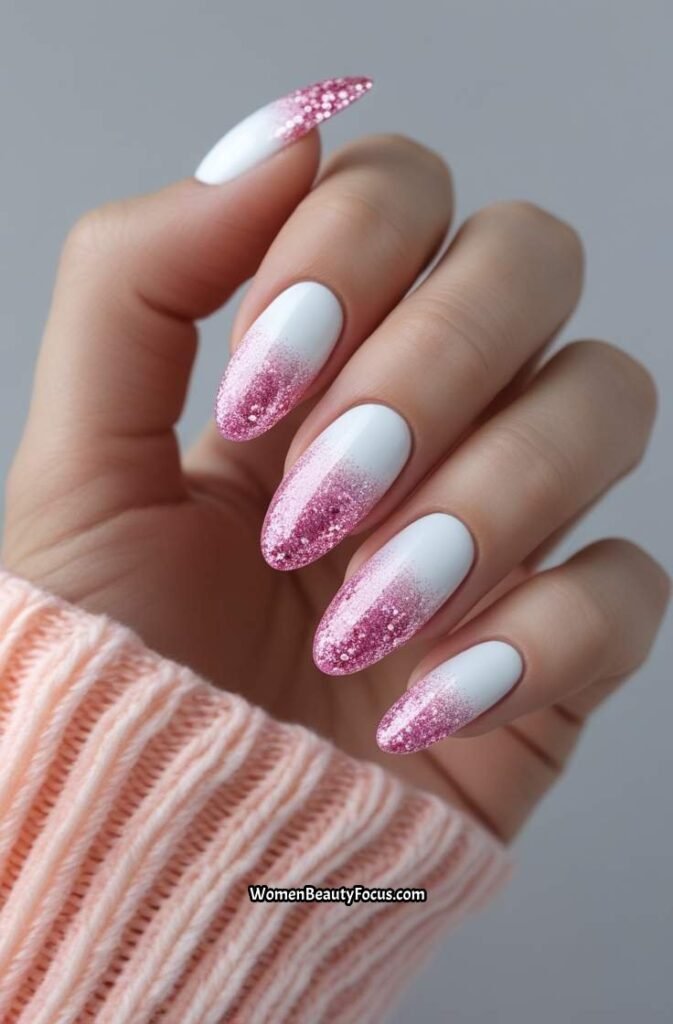 19. White Nails with Pink Glitter Ombre