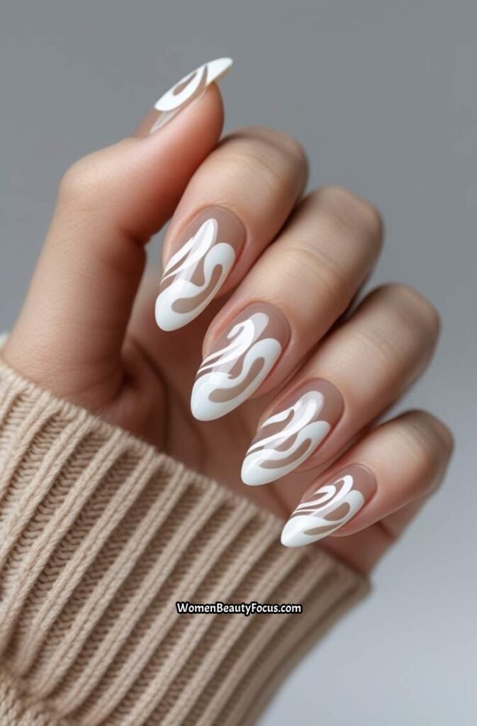 19. White Swirl Base Nails