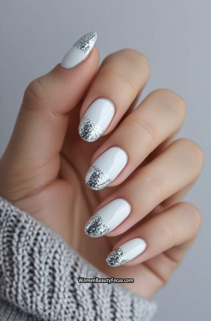 19. White and Silver Glitter Nails