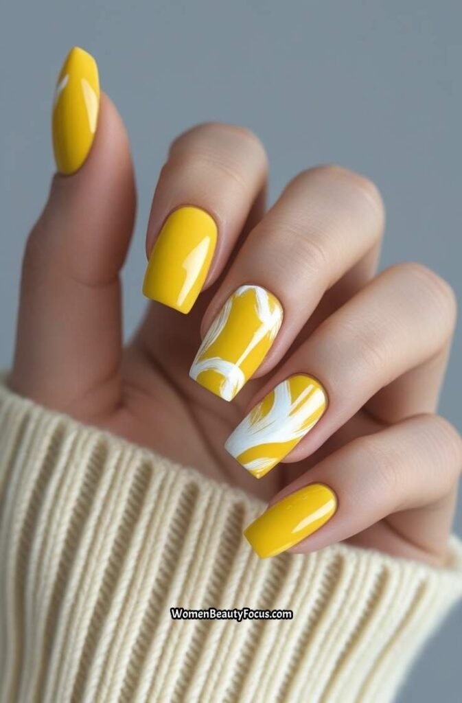 19. Yellow Nails with Abstract White Brushstrokes