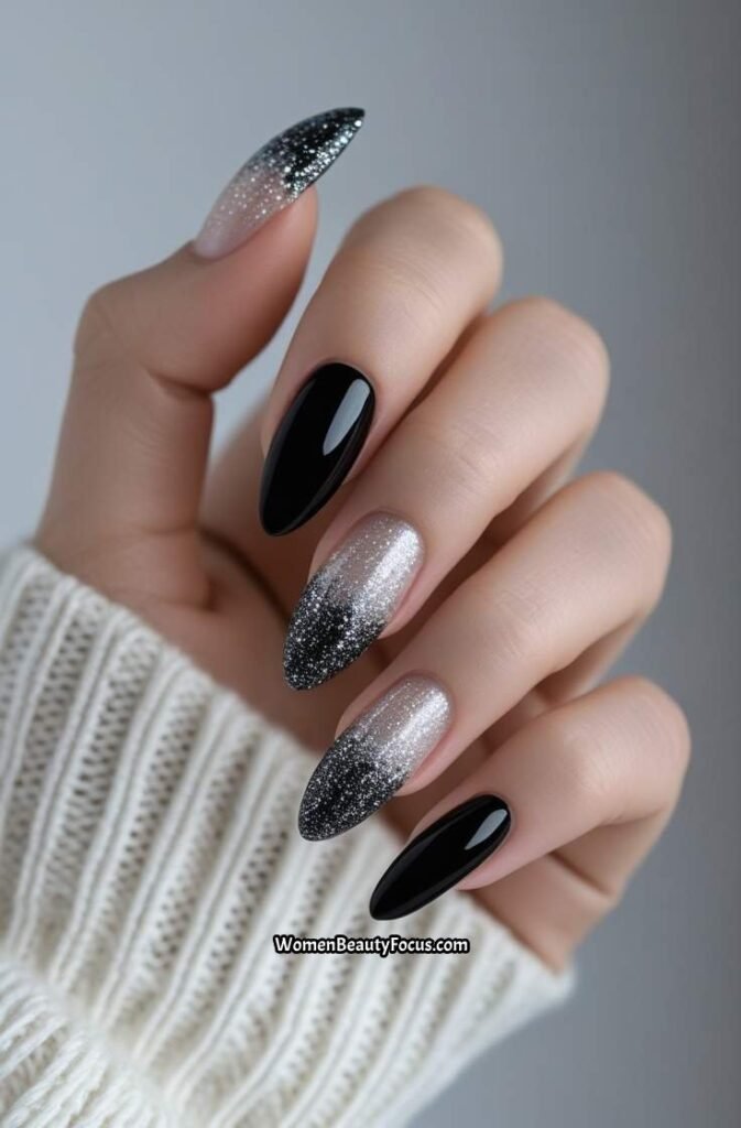 2. Black French Tips with Silver Glitter Accents