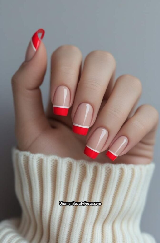 2. Cherry French Tips on Clear Base