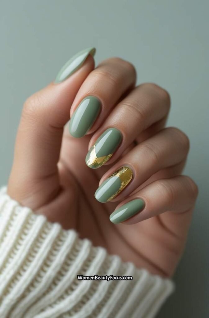 2. Glossy Sage Green Nails with Gold Accents